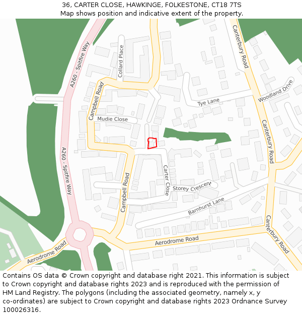 36, CARTER CLOSE, HAWKINGE, FOLKESTONE, CT18 7TS: Location map and indicative extent of plot