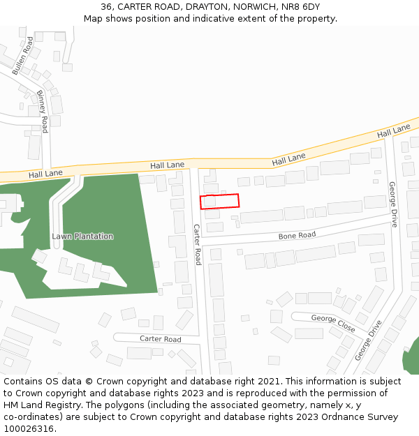 36, CARTER ROAD, DRAYTON, NORWICH, NR8 6DY: Location map and indicative extent of plot