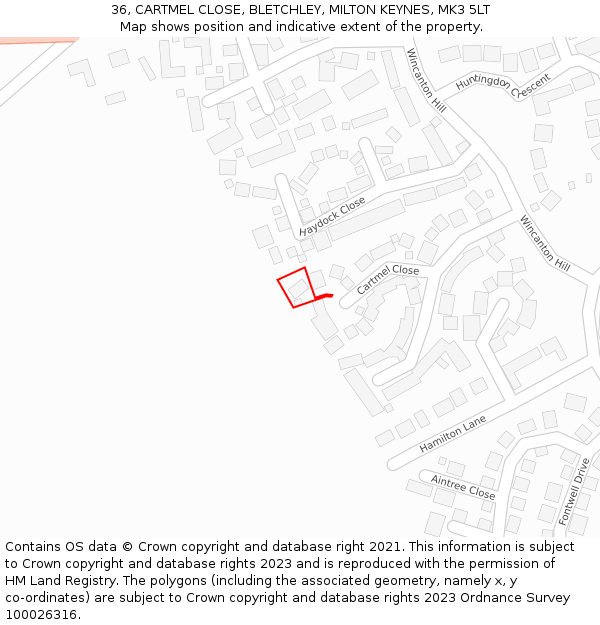 36, CARTMEL CLOSE, BLETCHLEY, MILTON KEYNES, MK3 5LT: Location map and indicative extent of plot
