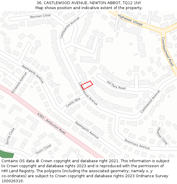36, CASTLEWOOD AVENUE, NEWTON ABBOT, TQ12 1NY: Location map and indicative extent of plot