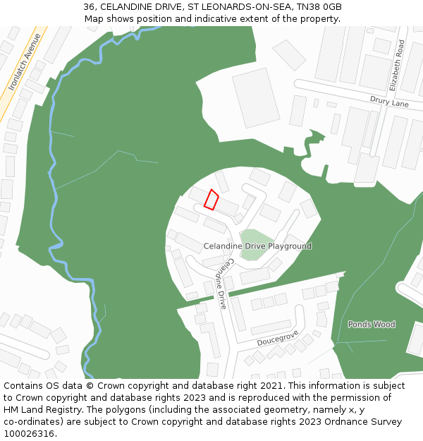 36, CELANDINE DRIVE, ST LEONARDS-ON-SEA, TN38 0GB: Location map and indicative extent of plot