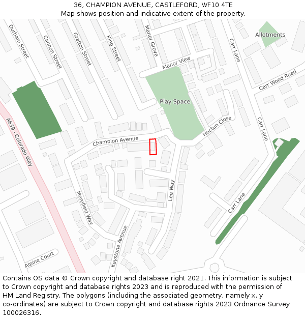 36, CHAMPION AVENUE, CASTLEFORD, WF10 4TE: Location map and indicative extent of plot