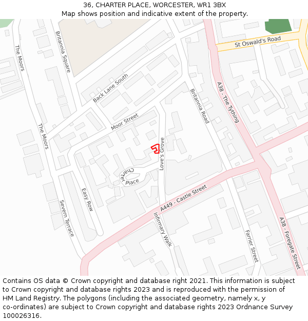 36, CHARTER PLACE, WORCESTER, WR1 3BX: Location map and indicative extent of plot