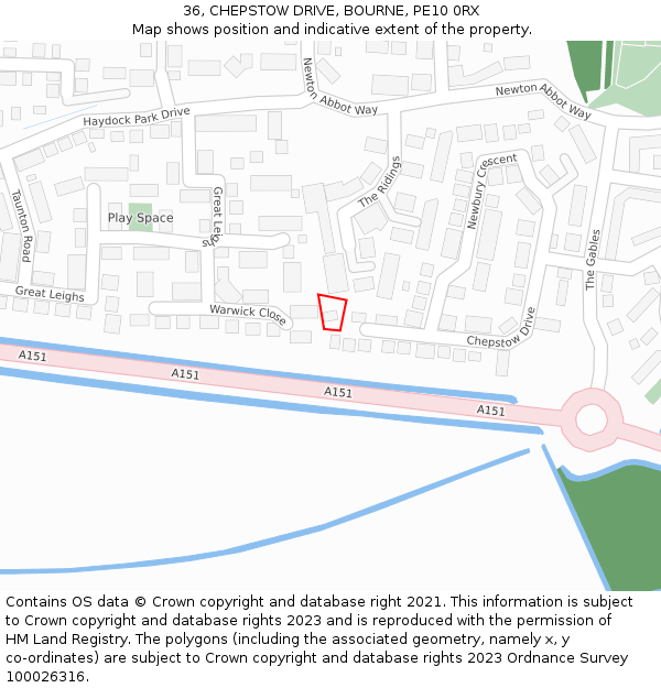 36, CHEPSTOW DRIVE, BOURNE, PE10 0RX: Location map and indicative extent of plot
