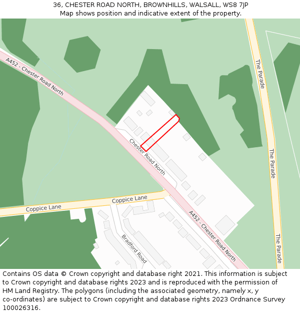 36, CHESTER ROAD NORTH, BROWNHILLS, WALSALL, WS8 7JP: Location map and indicative extent of plot