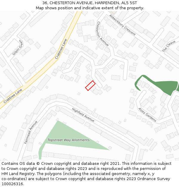 36, CHESTERTON AVENUE, HARPENDEN, AL5 5ST: Location map and indicative extent of plot