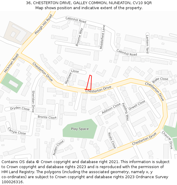 36, CHESTERTON DRIVE, GALLEY COMMON, NUNEATON, CV10 9QR: Location map and indicative extent of plot