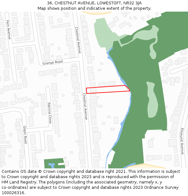 36, CHESTNUT AVENUE, LOWESTOFT, NR32 3JA: Location map and indicative extent of plot