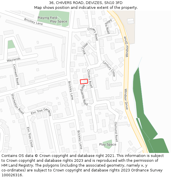 36, CHIVERS ROAD, DEVIZES, SN10 3FD: Location map and indicative extent of plot