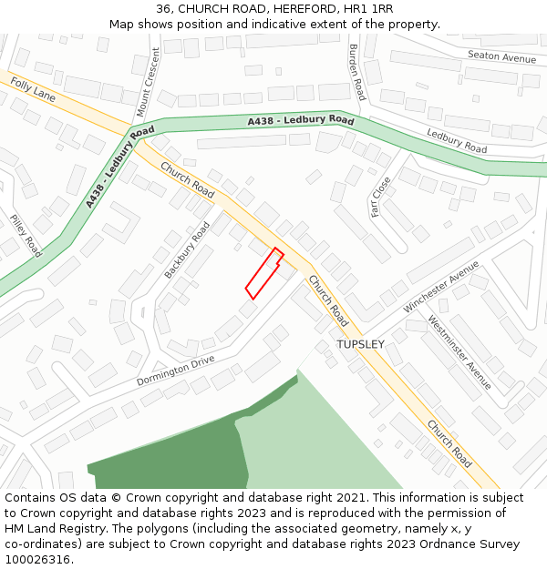 36, CHURCH ROAD, HEREFORD, HR1 1RR: Location map and indicative extent of plot