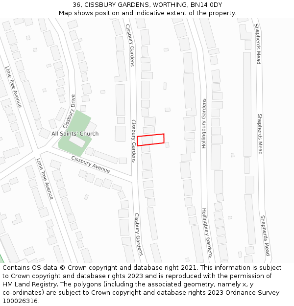 36, CISSBURY GARDENS, WORTHING, BN14 0DY: Location map and indicative extent of plot