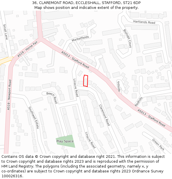 36, CLAREMONT ROAD, ECCLESHALL, STAFFORD, ST21 6DP: Location map and indicative extent of plot
