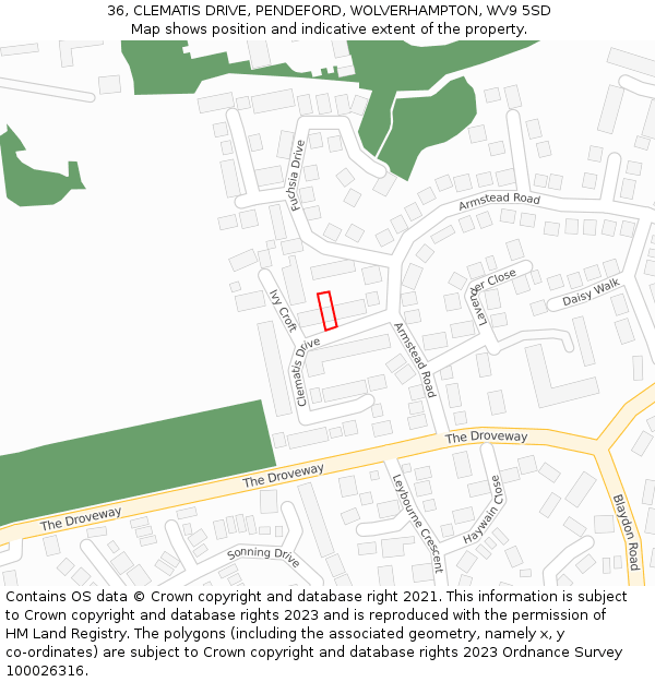 36, CLEMATIS DRIVE, PENDEFORD, WOLVERHAMPTON, WV9 5SD: Location map and indicative extent of plot