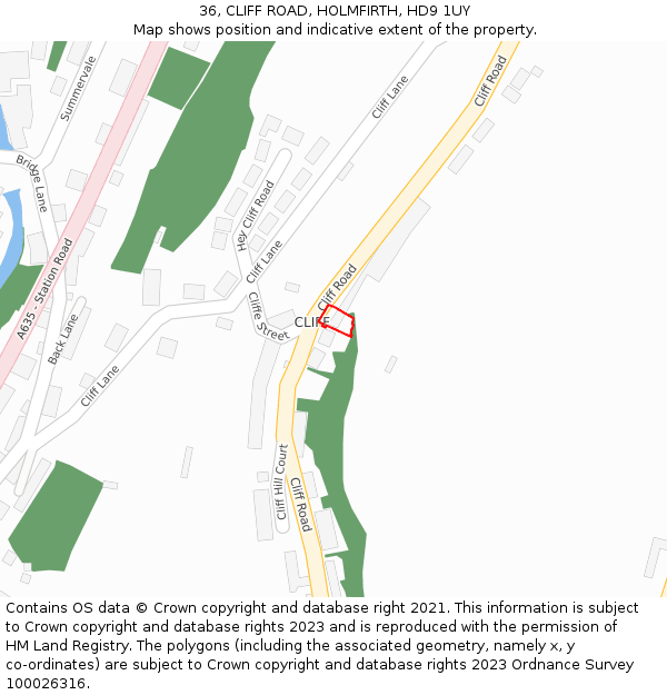 36, CLIFF ROAD, HOLMFIRTH, HD9 1UY: Location map and indicative extent of plot