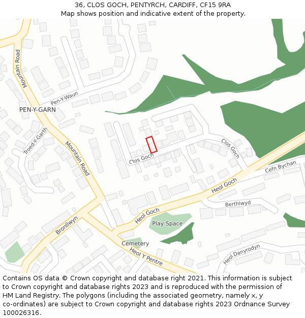36, CLOS GOCH, PENTYRCH, CARDIFF, CF15 9RA: Location map and indicative extent of plot