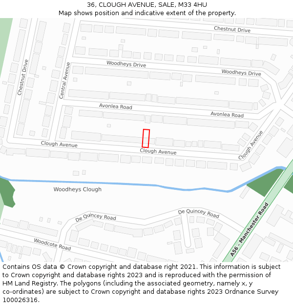 36, CLOUGH AVENUE, SALE, M33 4HU: Location map and indicative extent of plot