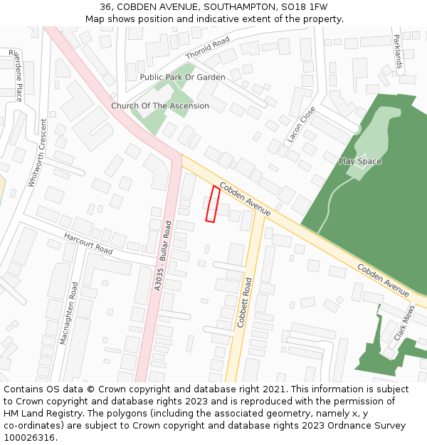 36, COBDEN AVENUE, SOUTHAMPTON, SO18 1FW: Location map and indicative extent of plot
