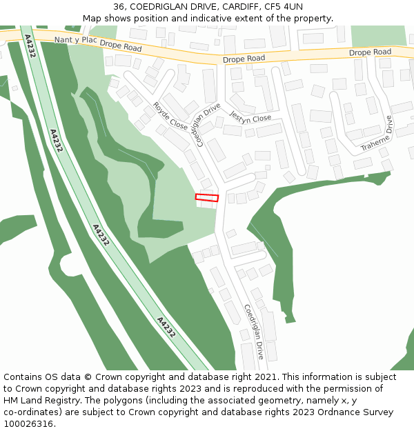 36, COEDRIGLAN DRIVE, CARDIFF, CF5 4UN: Location map and indicative extent of plot