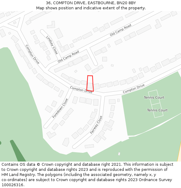 36, COMPTON DRIVE, EASTBOURNE, BN20 8BY: Location map and indicative extent of plot