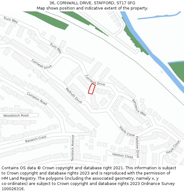36, CORNWALL DRIVE, STAFFORD, ST17 0FG: Location map and indicative extent of plot