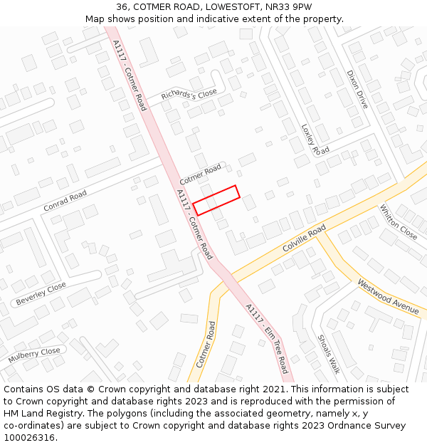 36, COTMER ROAD, LOWESTOFT, NR33 9PW: Location map and indicative extent of plot