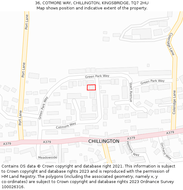 36, COTMORE WAY, CHILLINGTON, KINGSBRIDGE, TQ7 2HU: Location map and indicative extent of plot
