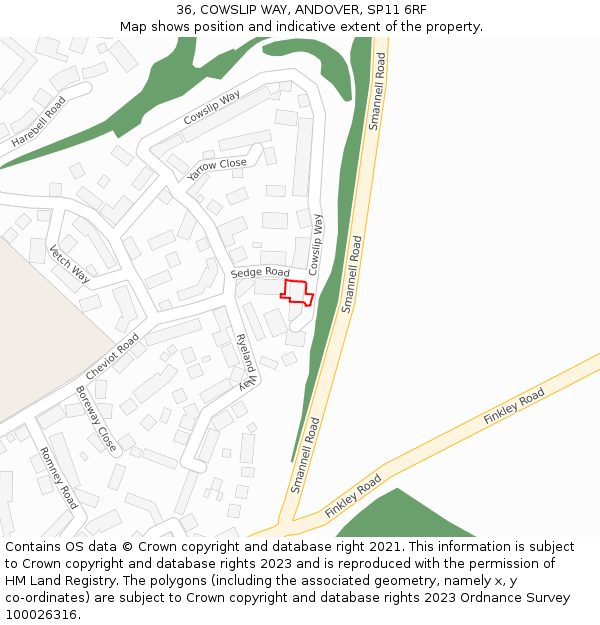 36, COWSLIP WAY, ANDOVER, SP11 6RF: Location map and indicative extent of plot