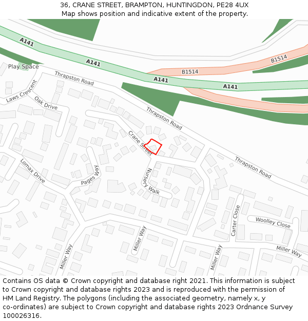 36, CRANE STREET, BRAMPTON, HUNTINGDON, PE28 4UX: Location map and indicative extent of plot