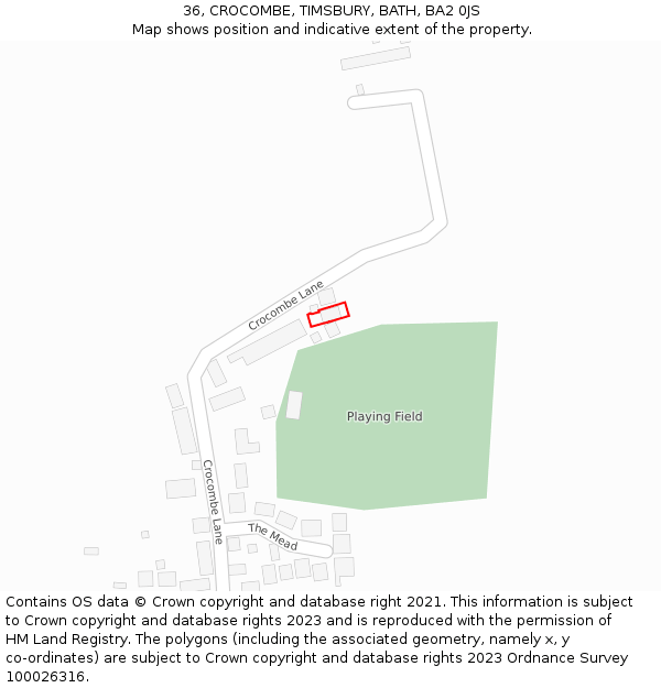 36, CROCOMBE, TIMSBURY, BATH, BA2 0JS: Location map and indicative extent of plot