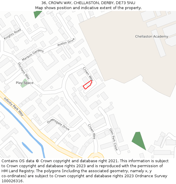 36, CROWN WAY, CHELLASTON, DERBY, DE73 5NU: Location map and indicative extent of plot