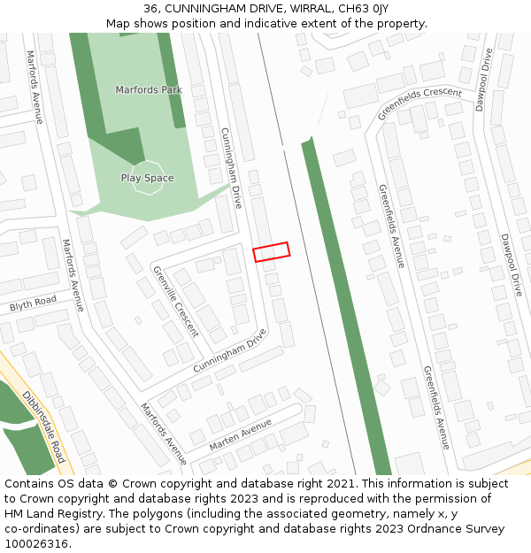 36, CUNNINGHAM DRIVE, WIRRAL, CH63 0JY: Location map and indicative extent of plot
