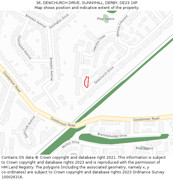 36, DEWCHURCH DRIVE, SUNNYHILL, DERBY, DE23 1XP: Location map and indicative extent of plot