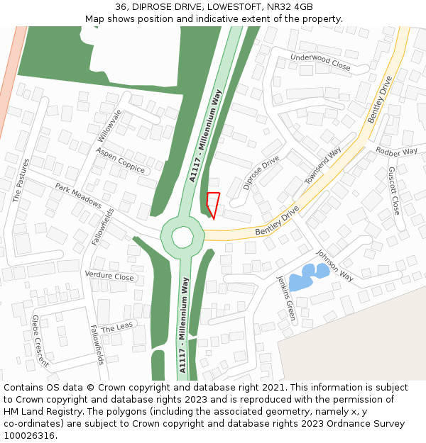 36, DIPROSE DRIVE, LOWESTOFT, NR32 4GB: Location map and indicative extent of plot
