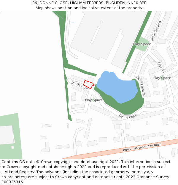36, DONNE CLOSE, HIGHAM FERRERS, RUSHDEN, NN10 8PF: Location map and indicative extent of plot