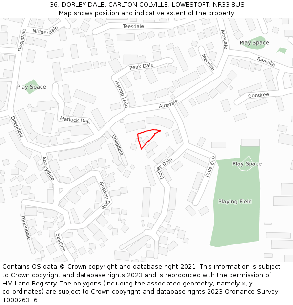 36, DORLEY DALE, CARLTON COLVILLE, LOWESTOFT, NR33 8US: Location map and indicative extent of plot