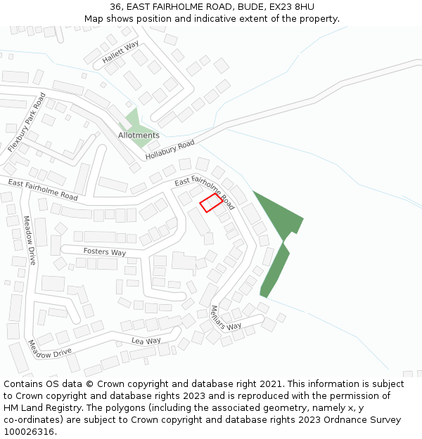36, EAST FAIRHOLME ROAD, BUDE, EX23 8HU: Location map and indicative extent of plot
