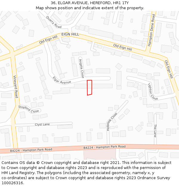 36, ELGAR AVENUE, HEREFORD, HR1 1TY: Location map and indicative extent of plot