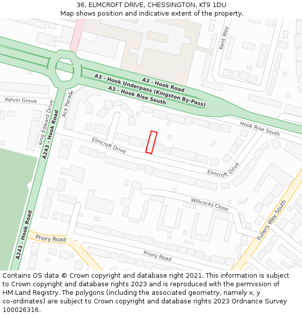 36, ELMCROFT DRIVE, CHESSINGTON, KT9 1DU: Location map and indicative extent of plot