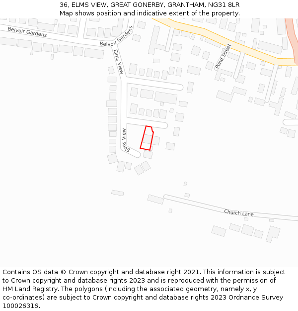 36, ELMS VIEW, GREAT GONERBY, GRANTHAM, NG31 8LR: Location map and indicative extent of plot