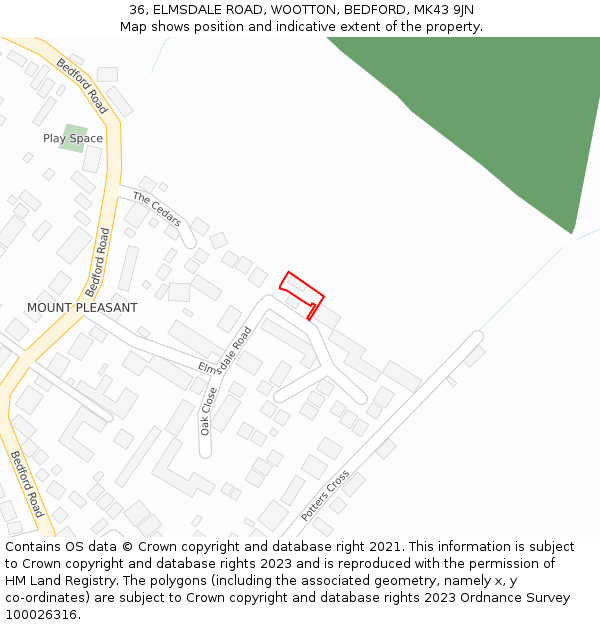 36, ELMSDALE ROAD, WOOTTON, BEDFORD, MK43 9JN: Location map and indicative extent of plot
