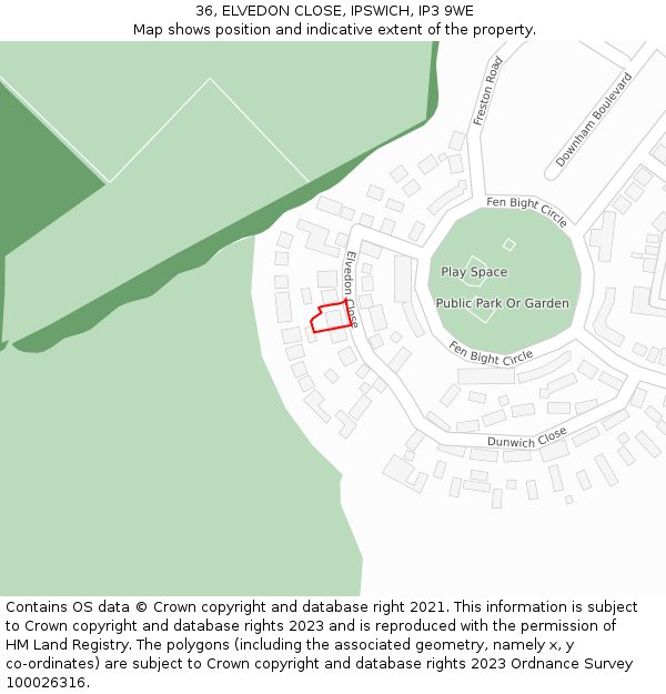 36, ELVEDON CLOSE, IPSWICH, IP3 9WE: Location map and indicative extent of plot