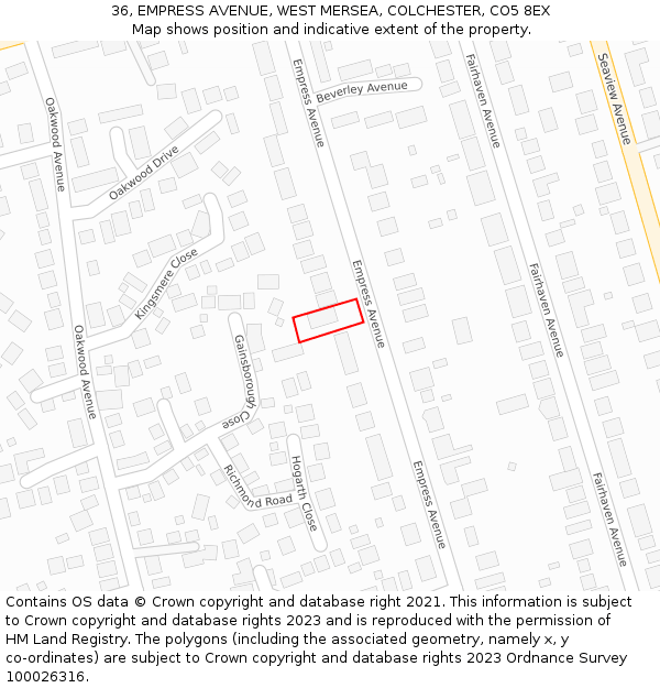 36, EMPRESS AVENUE, WEST MERSEA, COLCHESTER, CO5 8EX: Location map and indicative extent of plot