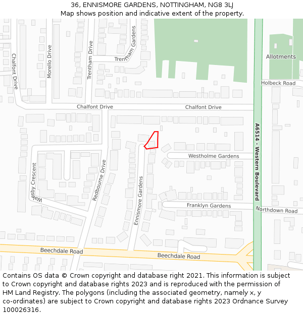 36, ENNISMORE GARDENS, NOTTINGHAM, NG8 3LJ: Location map and indicative extent of plot