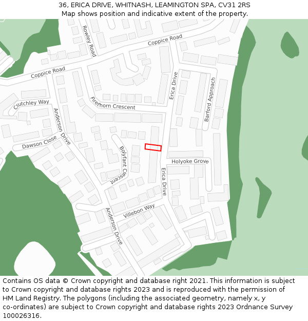 36, ERICA DRIVE, WHITNASH, LEAMINGTON SPA, CV31 2RS: Location map and indicative extent of plot