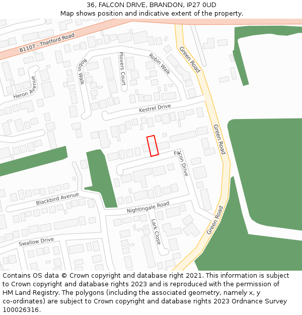 36, FALCON DRIVE, BRANDON, IP27 0UD: Location map and indicative extent of plot