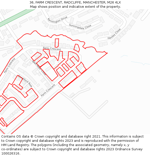 36, FARM CRESCENT, RADCLIFFE, MANCHESTER, M26 4LX: Location map and indicative extent of plot