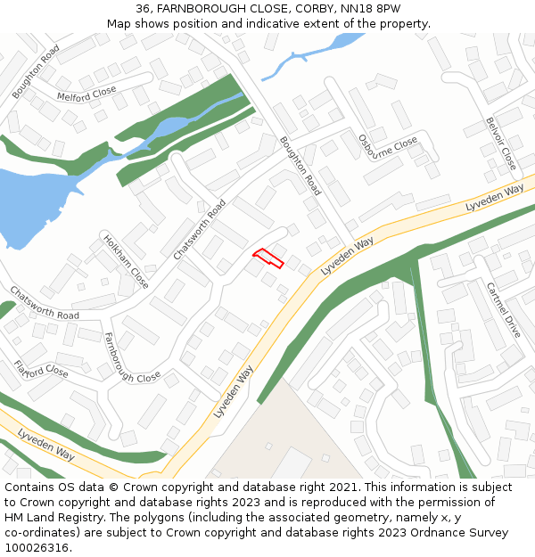 36, FARNBOROUGH CLOSE, CORBY, NN18 8PW: Location map and indicative extent of plot