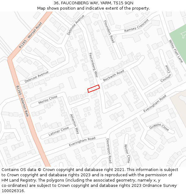 36, FAUCONBERG WAY, YARM, TS15 9QN: Location map and indicative extent of plot