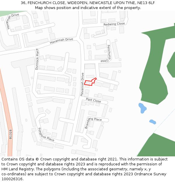 36, FENCHURCH CLOSE, WIDEOPEN, NEWCASTLE UPON TYNE, NE13 6LF: Location map and indicative extent of plot