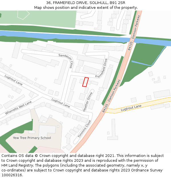 36, FRAMEFIELD DRIVE, SOLIHULL, B91 2SR: Location map and indicative extent of plot